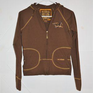 Hard Rock Cafe Las Vegas butterfly zip up long sleeve hoodie pockets brown gold